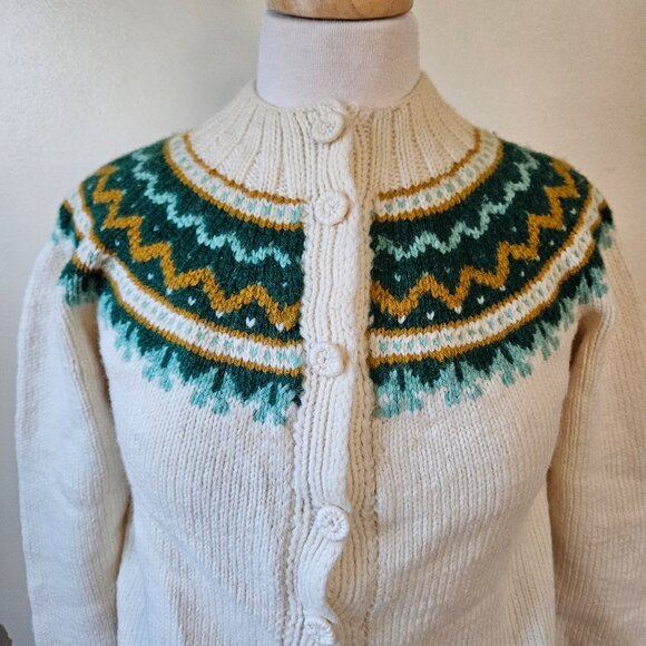 Vintage Norwegian Wool Fair Isle Cardigan Sweater S - Picture 2 of 8